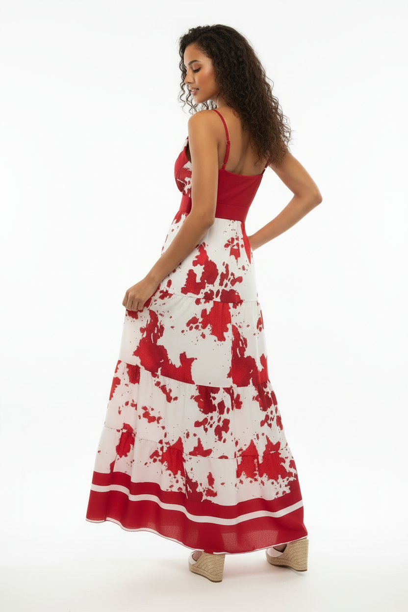 Robe Longue - New Fantasia - Rouge & Blanc  - Élégance Florale - Taille 36-38 - Made in Italy - Pièce unique