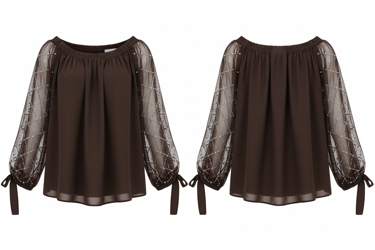 Blouse Marron Manches Résille Strass - Taille 40-44 - Made in Italy - Pièce unique