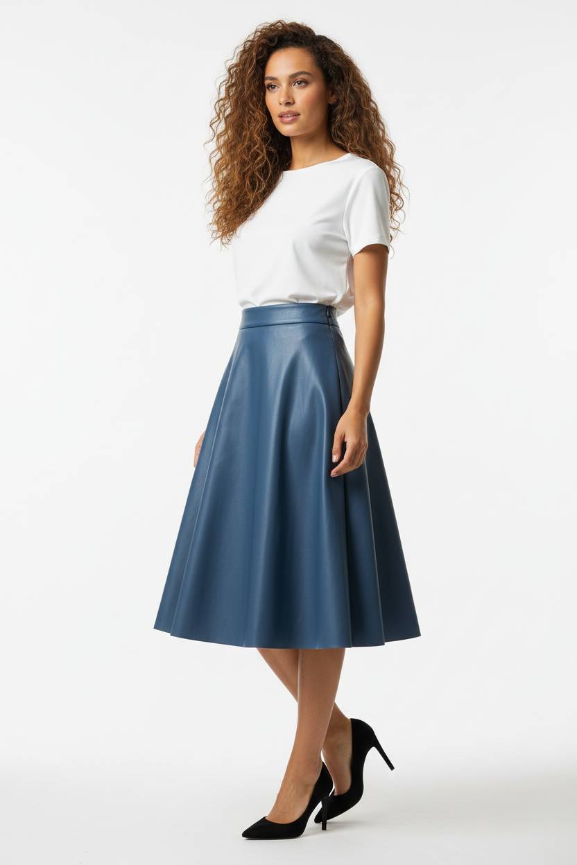 Jupe Similicuir Bleu Acier Évasée - Taille S - Made in Italy - Pièce unique