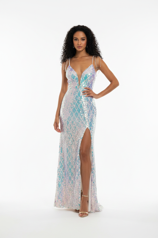 Robe Longue Sequins Irisés Blanc Turquoise Franges Perles - Taille 36-38