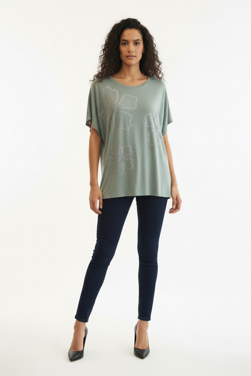 Top oversize vert sauge fleurs strass Foresta Bella – Taille M/L - Made in Italy - Pièce unique