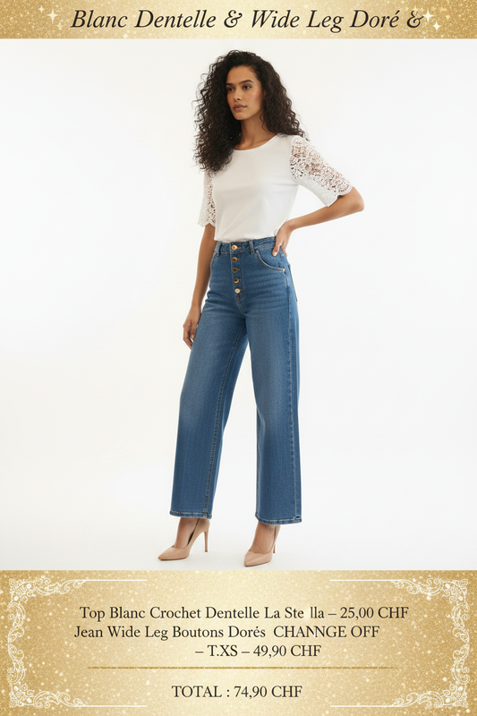 Look Blanc Dentelle & Jean Wide Leg Doré – Duo chic Made in Italy fond blanc