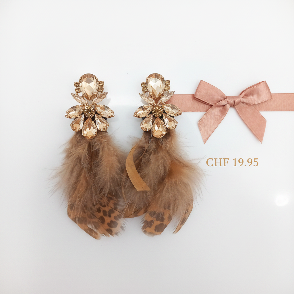 Boucles d'oreilles cristaux champagne & plumes caramel léopard