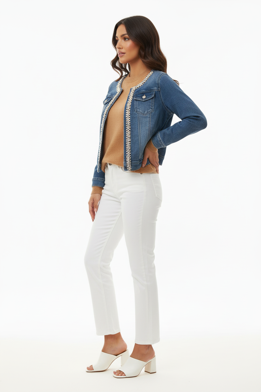 Blouson Jean - Miss Natalie - Perles & Strass - Taille XL - Made in Italy  - Pièce unique
