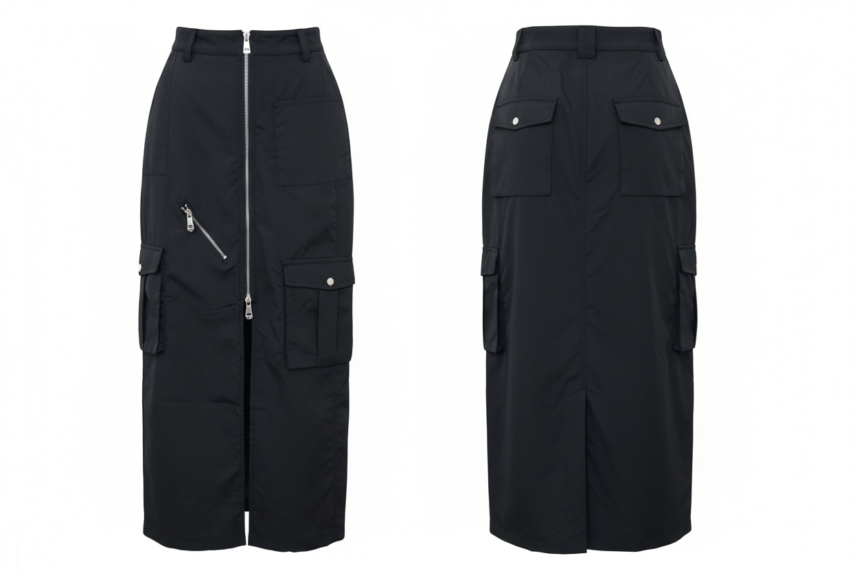 Jupe Longue Cargo Noire Multi-Poches Zips Argentés - Trendy.ing - Taille M - Made in Italy - Pièce unique