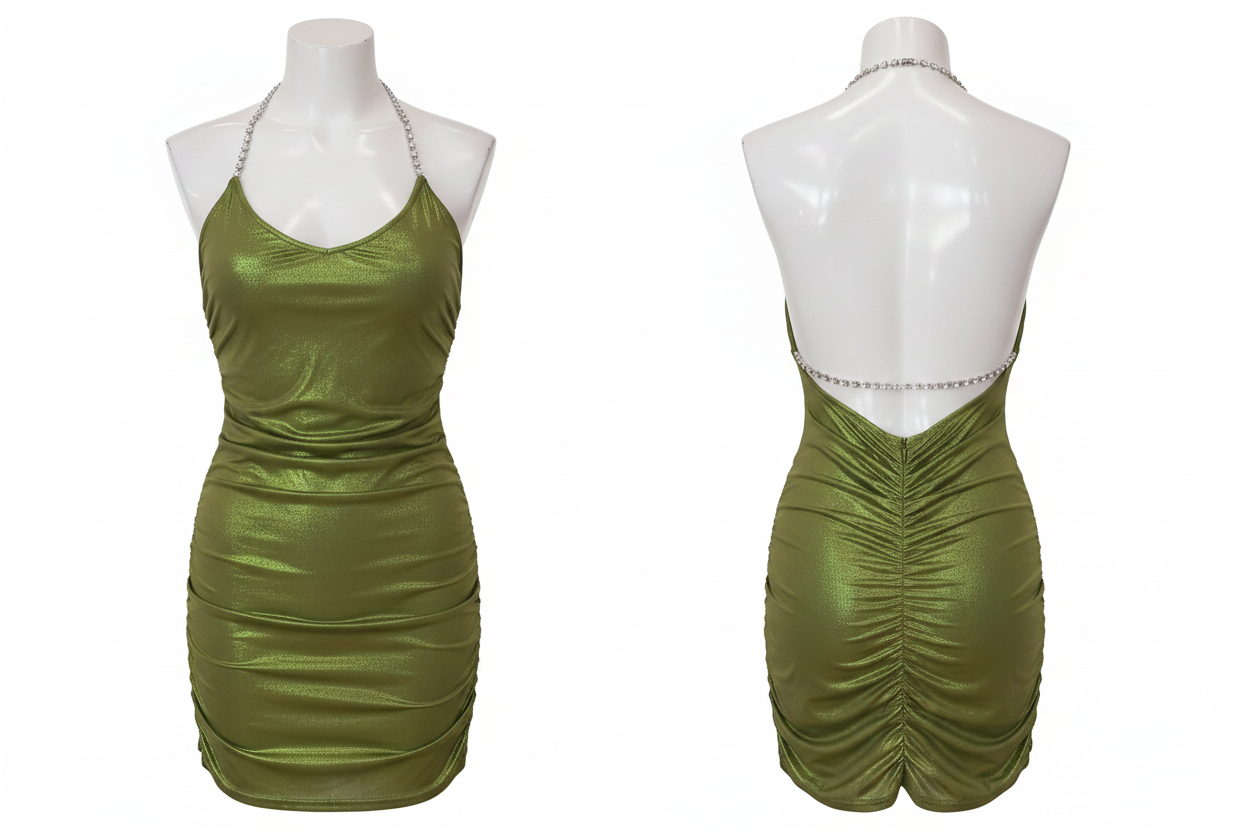 Mini Robe Métallique Dos Nu Bretelles Strass Vert Kaki - Taille S - Pièce unique