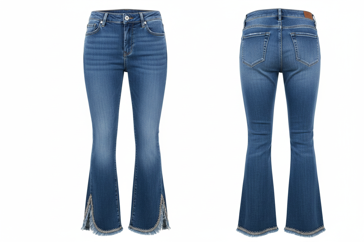 Jean Bootcut Bleu Délavé Ourlet Strass Argentés - Water Jean - Taille M - Made in Italy - Pièce unique