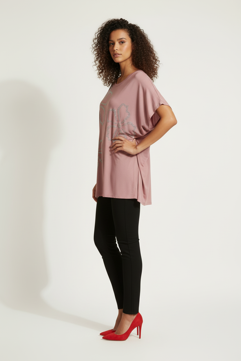 Top oversize rose poudré fleurs strass Foresta Bella – Taille XL/XXL - Made in Italy- Pièce unique