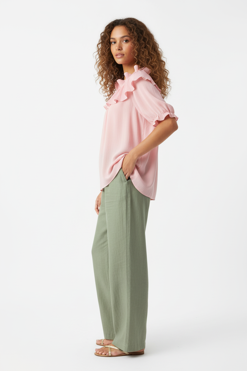 Top rose col volant plissé – Italy Moda – Taille 36-40 - Made in Italy - Pièce unique