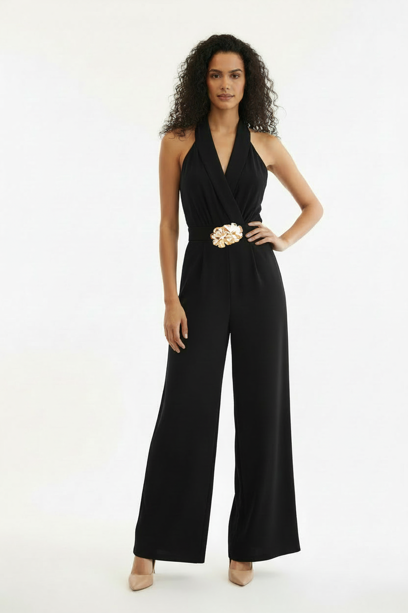 Combi-Pantalon Noir Halter Col V Broche Dorée - F Fashion -  Taille 36-38 - Made in Italy - Pièce unique