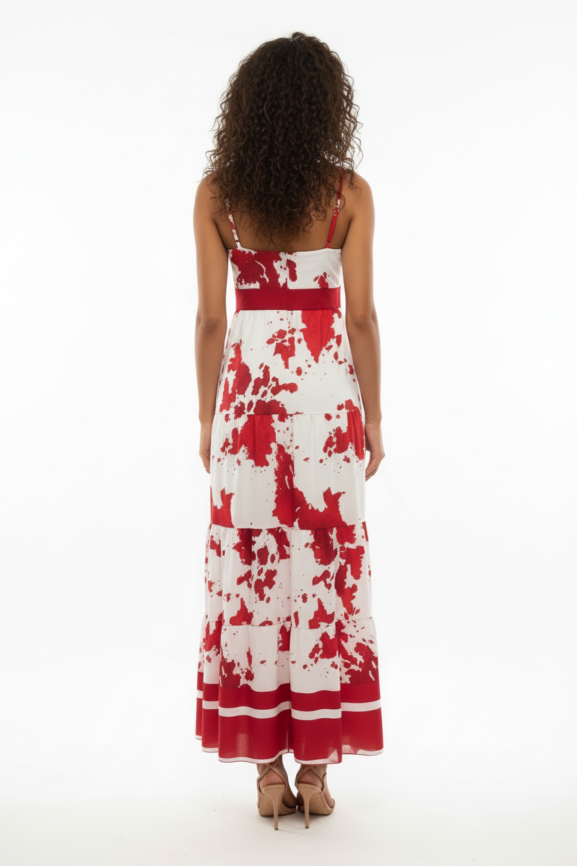 Robe Longue - New Fantasia - Rouge & Blanc  - Élégance Florale - Taille 36-38 - Made in Italy - Pièce unique