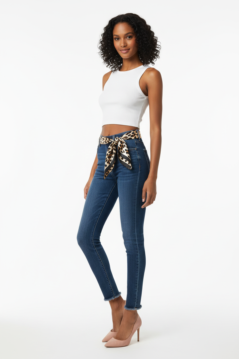 Jean skinny taille haute -  Ceinture foulard léopard - Miss Natalie - Taille S - Made in Italy - Pièce unique