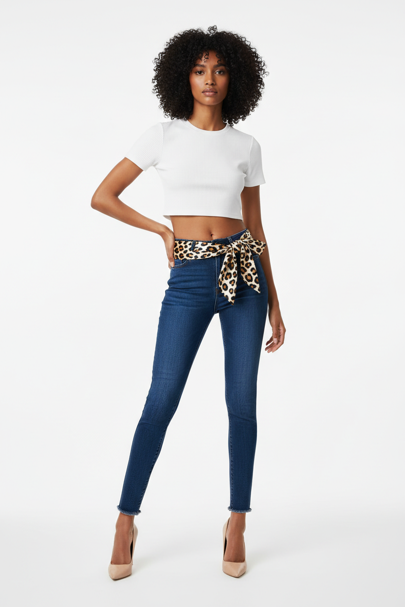 Jean skinny taille haute -  Ceinture foulard léopard - Miss Natalie - Taille S - Made in Italy - Pièce unique