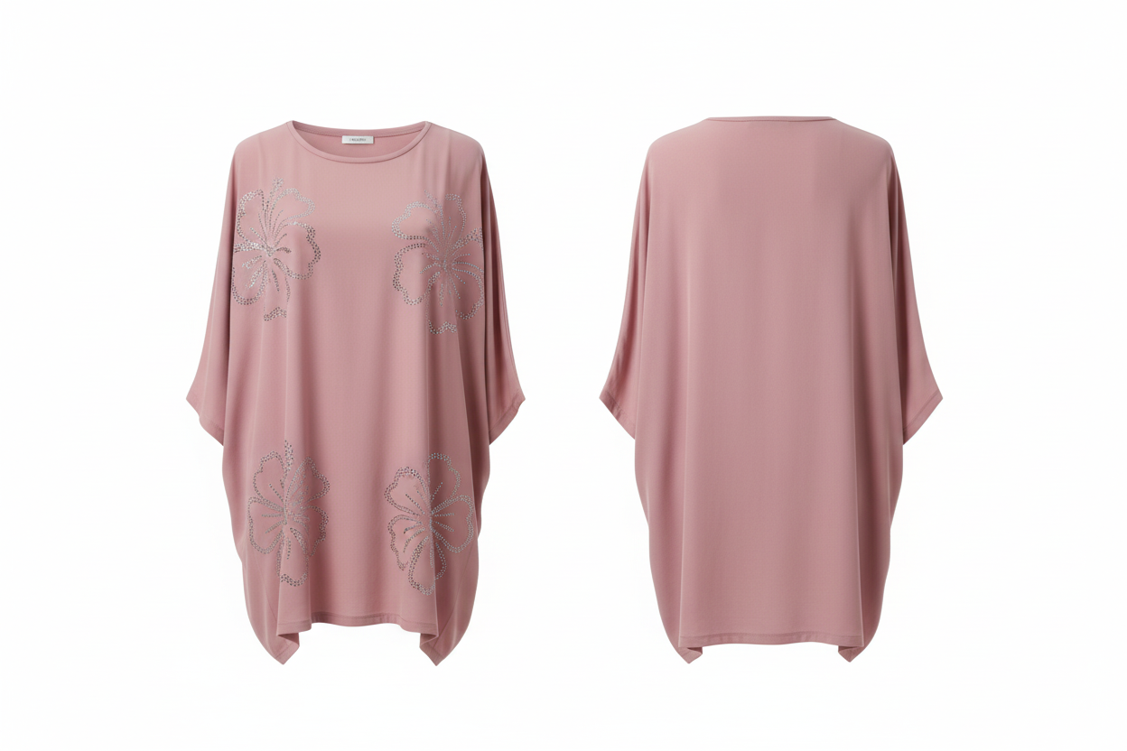 Top oversize rose poudré fleurs strass Foresta Bella – Taille XL/XXL - Made in Italy- Pièce unique