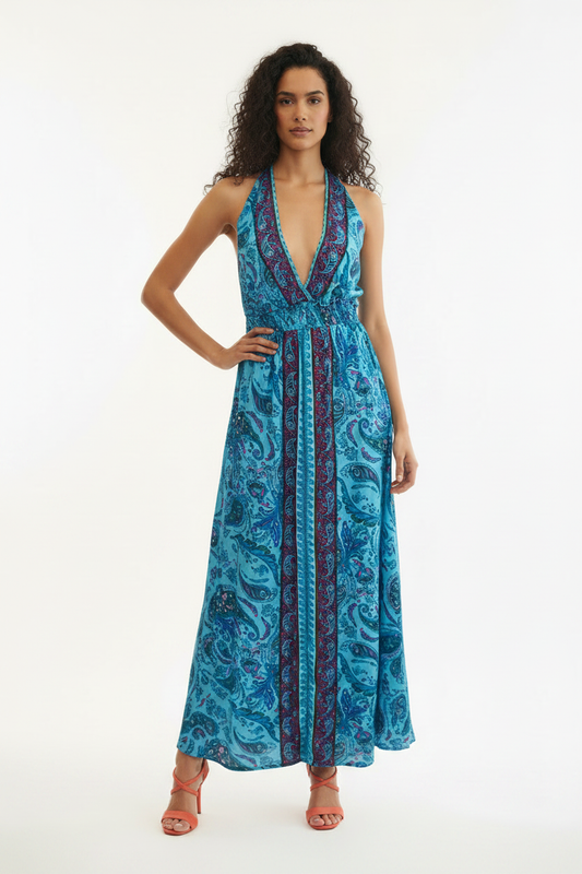 Robe Longue Paisley Turquoise Dos Nu Bretelles Croisées Palak - Taille Unique