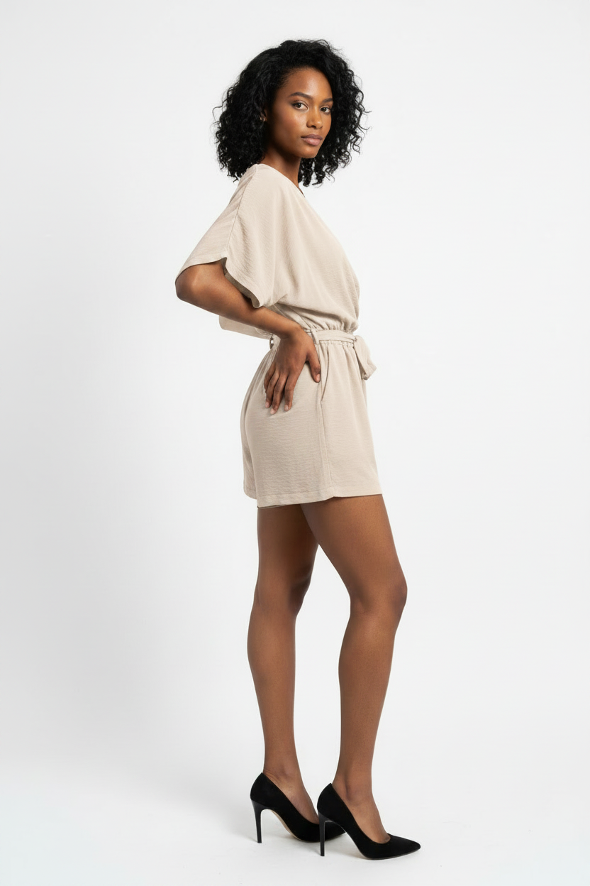 Combi-Short Taupe col V croisé manches chauve-souris beige pâle - Taille 2 - 38-40