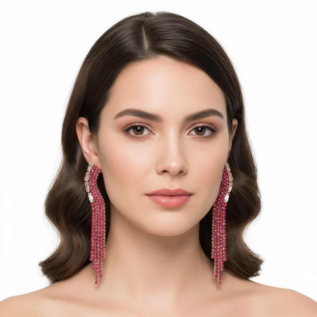 Boucles d'oreilles franges strass rose