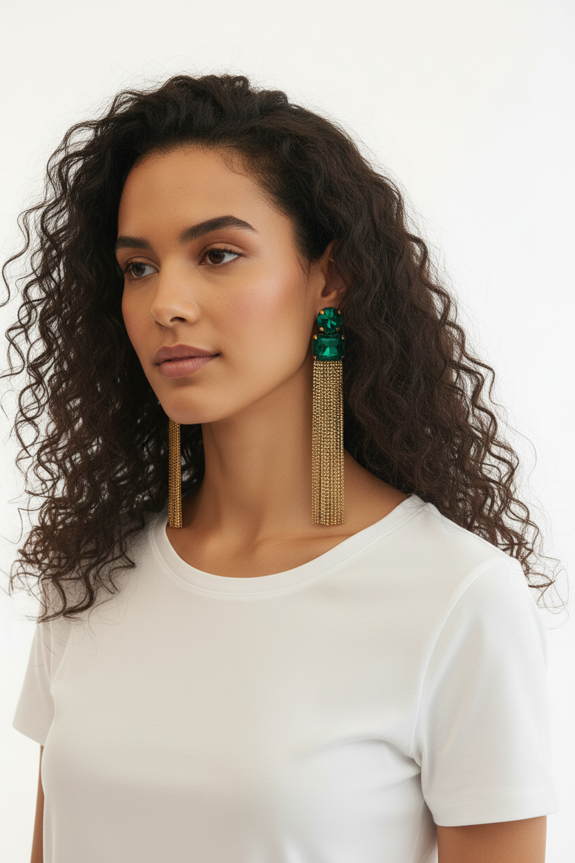Boucles d'oreilles longues cristaux émeraude & franges dorées