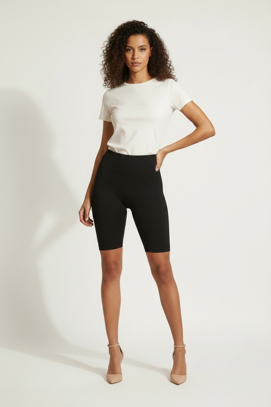 Short gainant brésilien Divas noir taille haute coupe cycliste vue face mannequin fond blanc