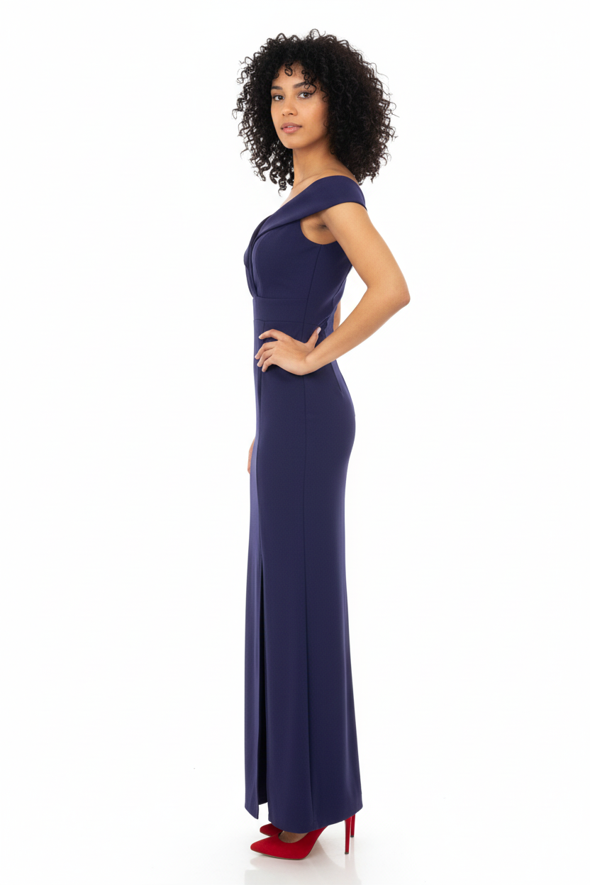 Robe Longue Bleu Marine Bardot Zip Doré - MIROS MILANO - Taille 36-38 - Made in Italy - Pièce unique
