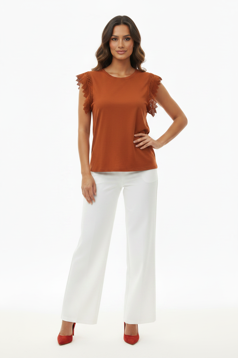 Top Rouille Manches Crochet Dentelle La Stella Torino - Made in Italy - Pièce unique - Taille 2 / S-M