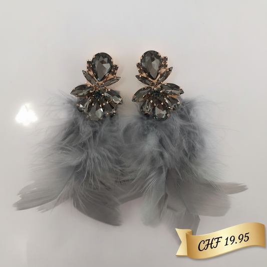 Boucles d'oreilles plumes grises et cristaux fumés