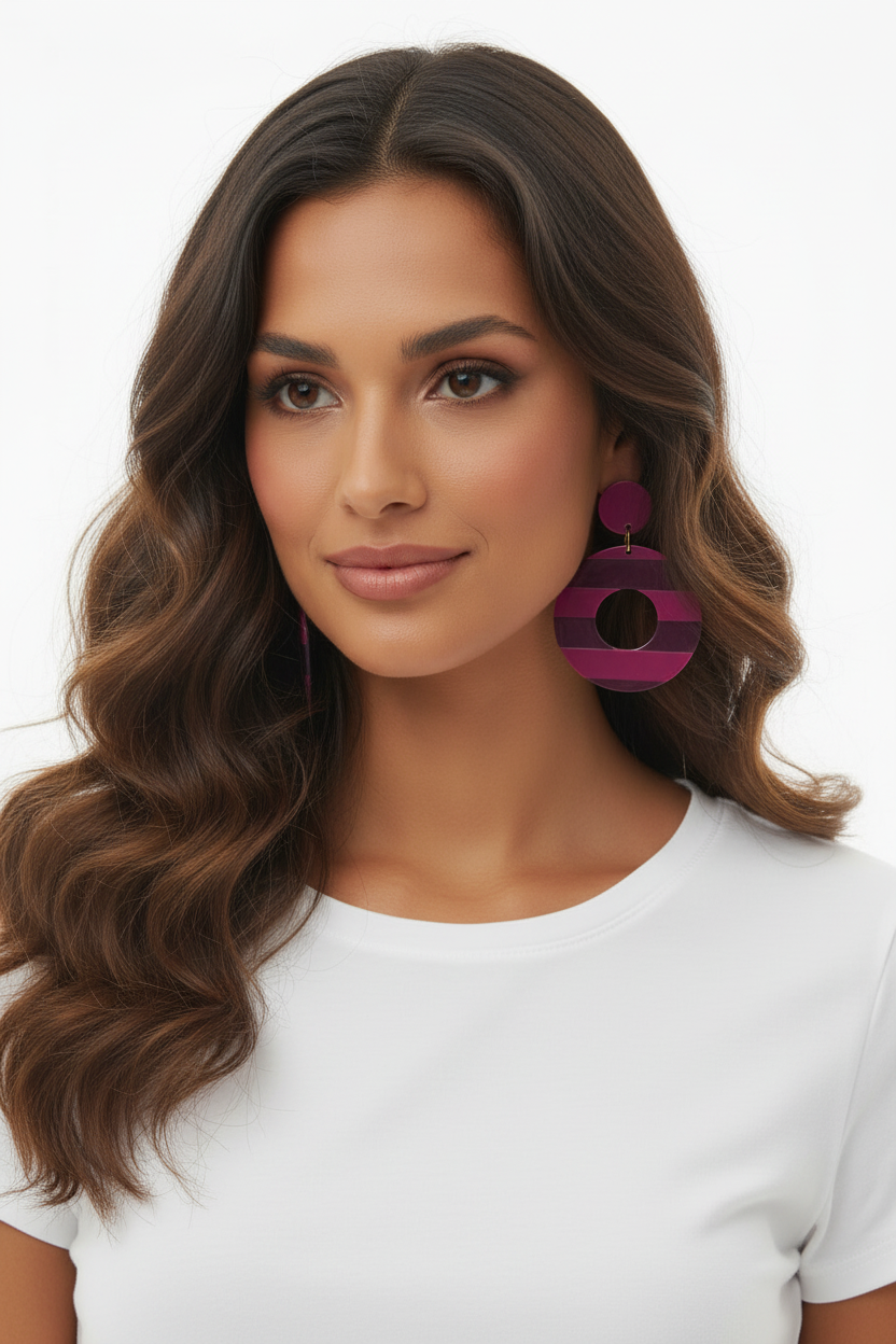 Boucles d'oreilles cercles rayés violet et fuchsia