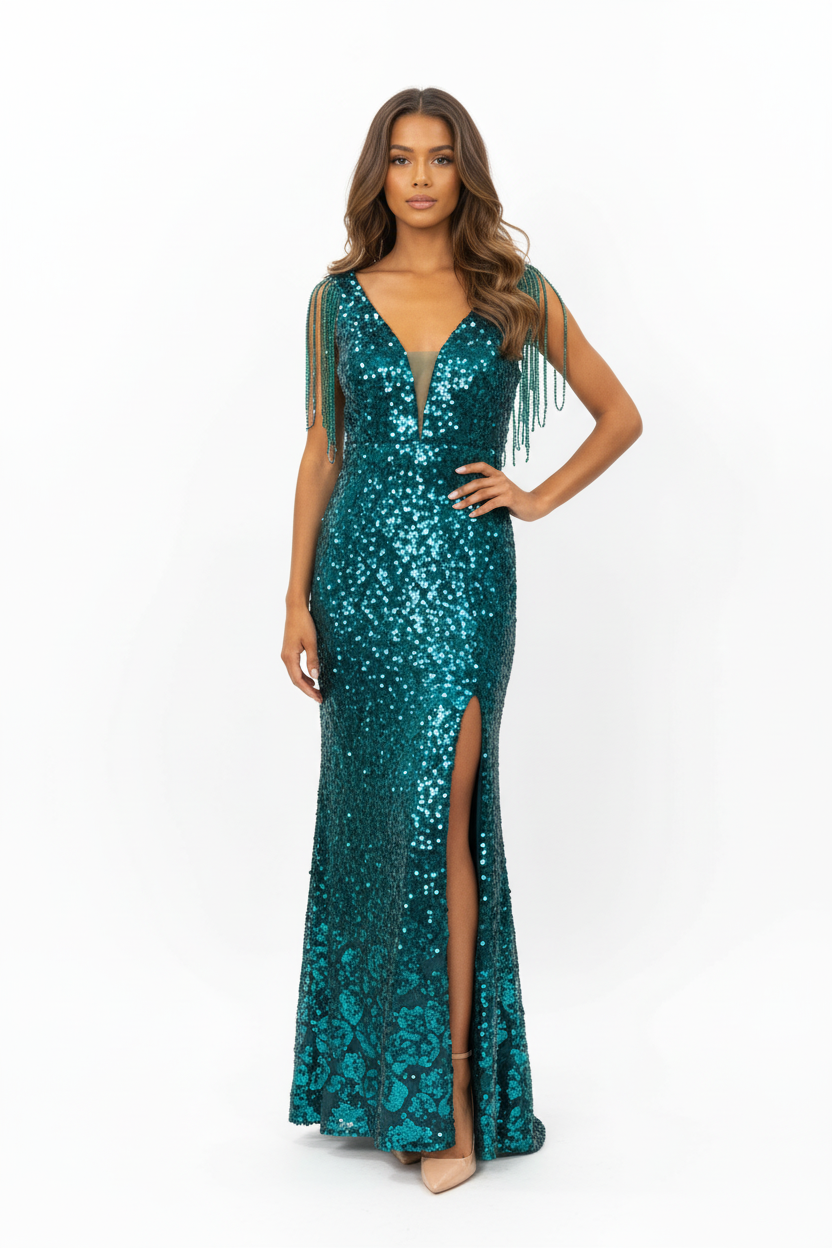 Robe Longue Sequins Vert Émeraude Frangée - Marque Izzy - Taille 36-38 - Made in Italy - Pièce unique