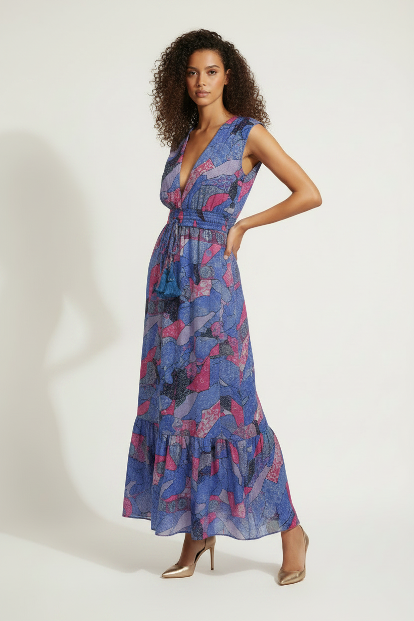 Robe Longue Patchwork Bohème Bleue Rose - Taille Unique
