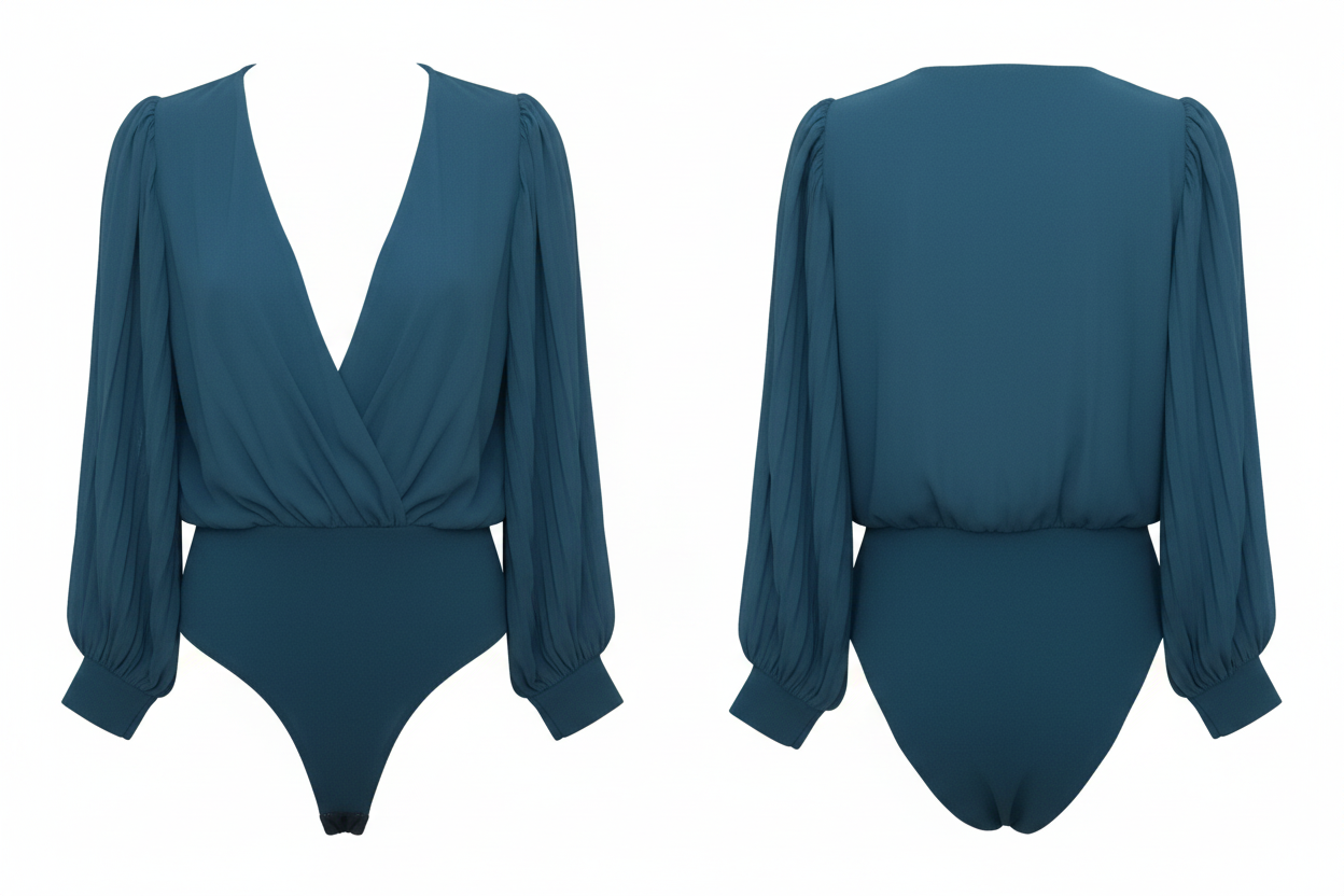 Body Bleu Pétrole Col V Manches Ballon - WZW - Taille M/L - Made in Italy - Pièce unique