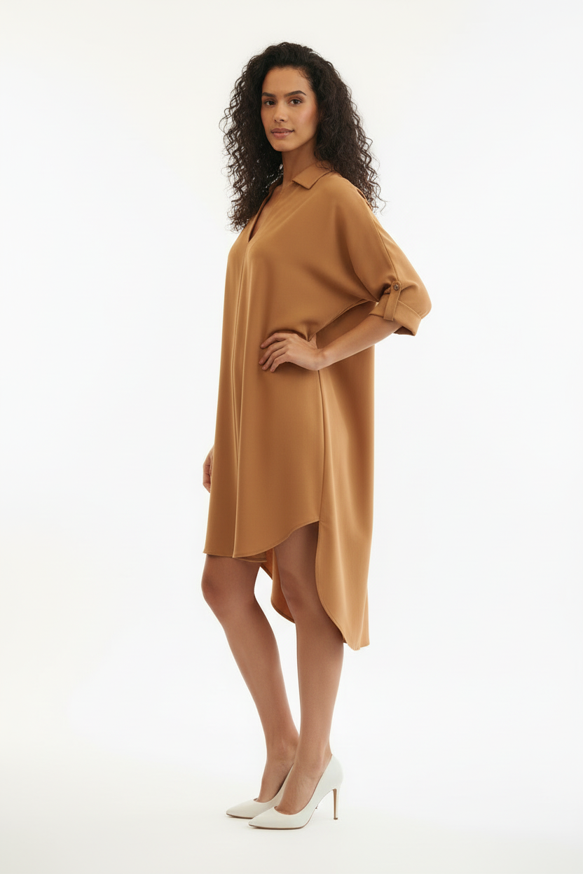 Tunique Camel Col V Manches 3/4 Grande Taille - Taille 50/52 - Made in Italy - Pièce unique