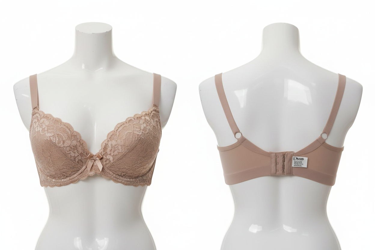 Soutien-gorge brésilien Divas dentelle beige ghost mannequin face et dos fond blanc