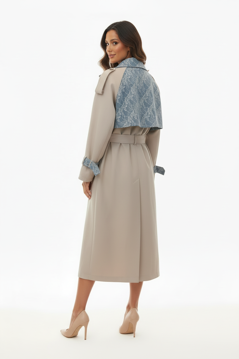 Trench Long Beige Dentelle Bleue - LAVYSH - Taille S/M - Made inItaly - Pièce unique