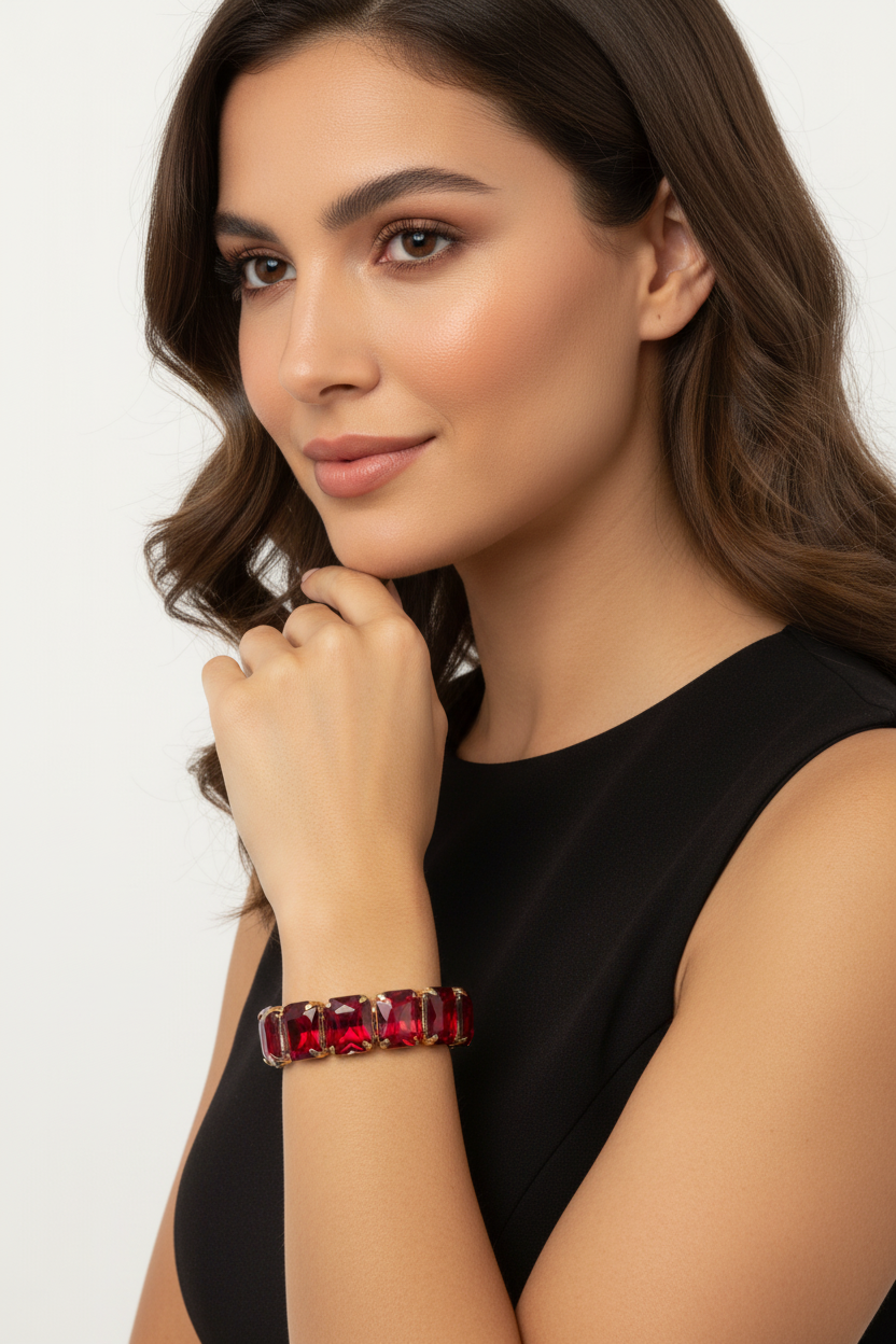 Bracelet élastique pierres rouges dorées