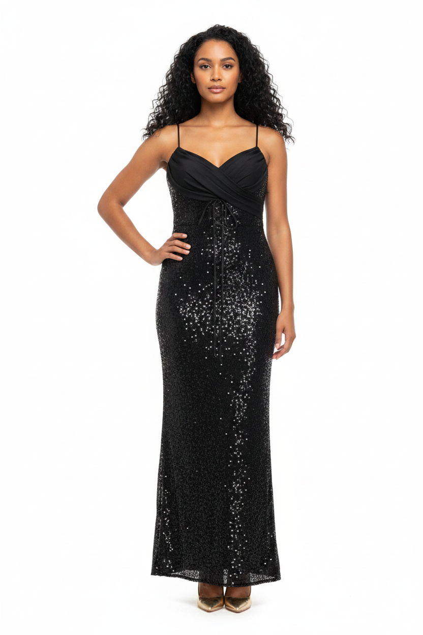 Robe Longue Noire Sequins Col Cœur Izzy - Taille 36-38