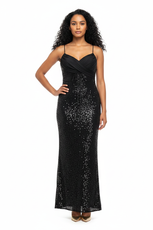 Robe Longue Noire Sequins Col Cœur Izzy - Taille 36-38