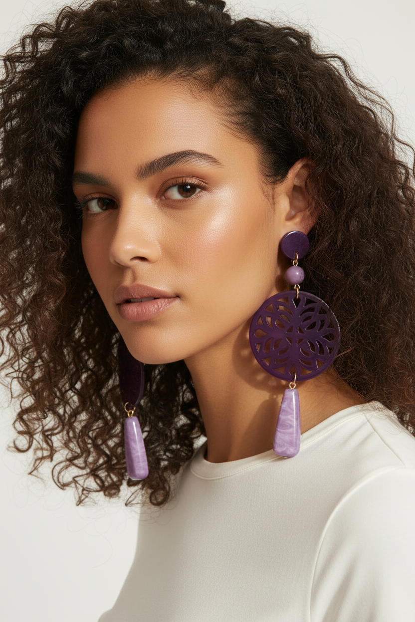 Boucles d'Oreilles Violettes Disque Ajouré