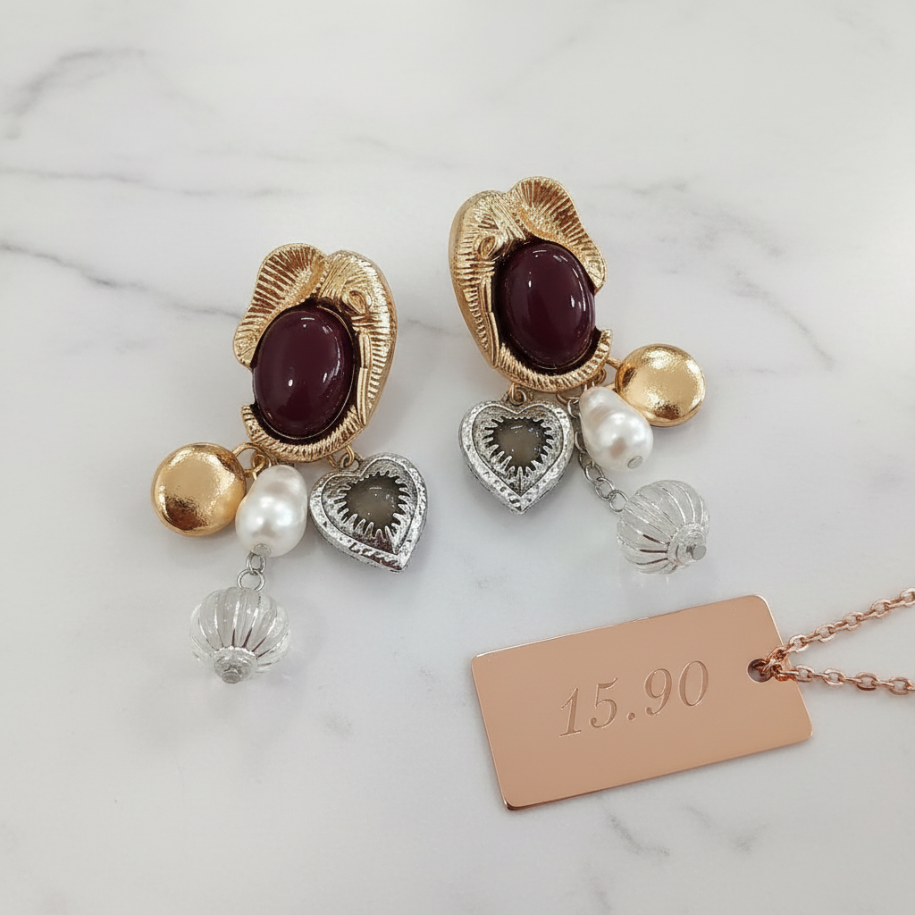 Boucles d'Oreilles Pendantes Bordeaux & Doré