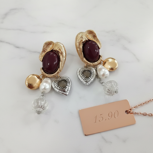 Boucles d'Oreilles Pendantes Bordeaux & Doré