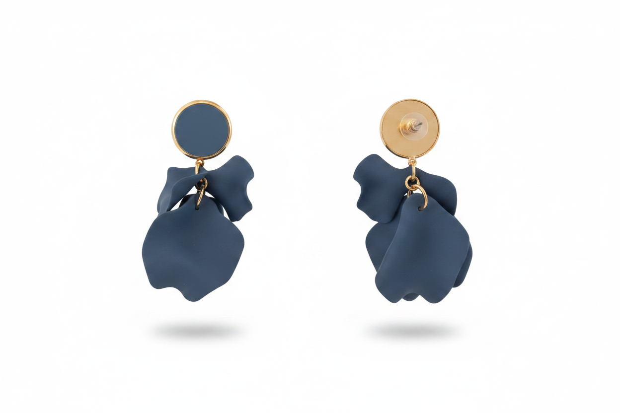 Boucles d'oreilles Pétales Bleu Ardoise & Dorées