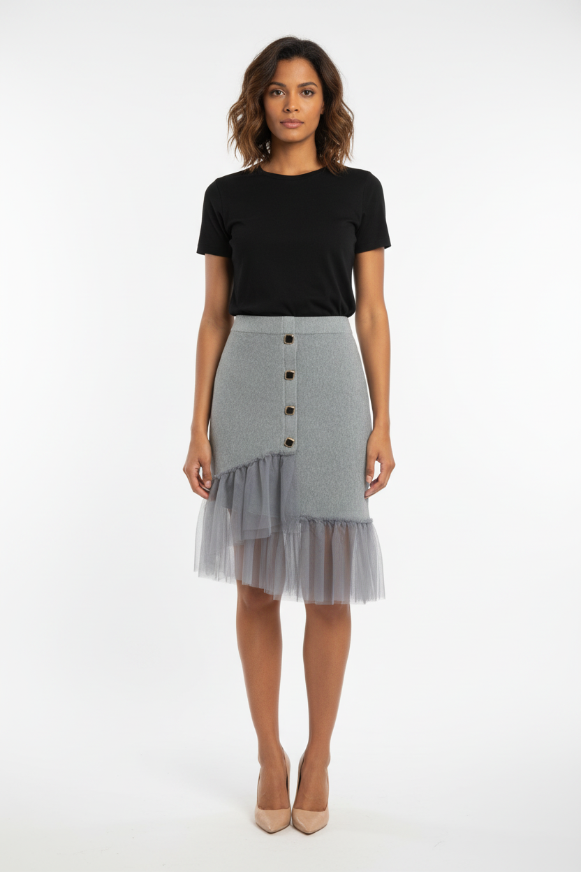 Jupe grise tricot tulle 4 boutons carrés - Taille 36-38- Made in Italy  - Pièce Unique