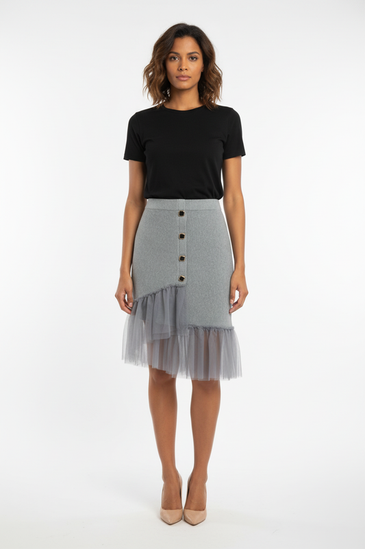 Jupe grise tricot tulle 4 boutons carrés - Taille 36-38- Made in Italy  - Pièce Unique