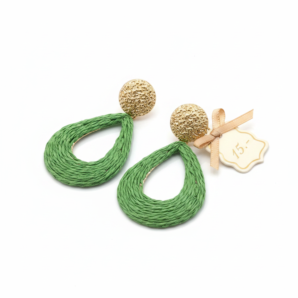 Boucles d'oreilles Vert & Dorées – Goutte Raffia