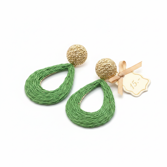 Boucles d'oreilles Vert & Dorées – Goutte Raffia
