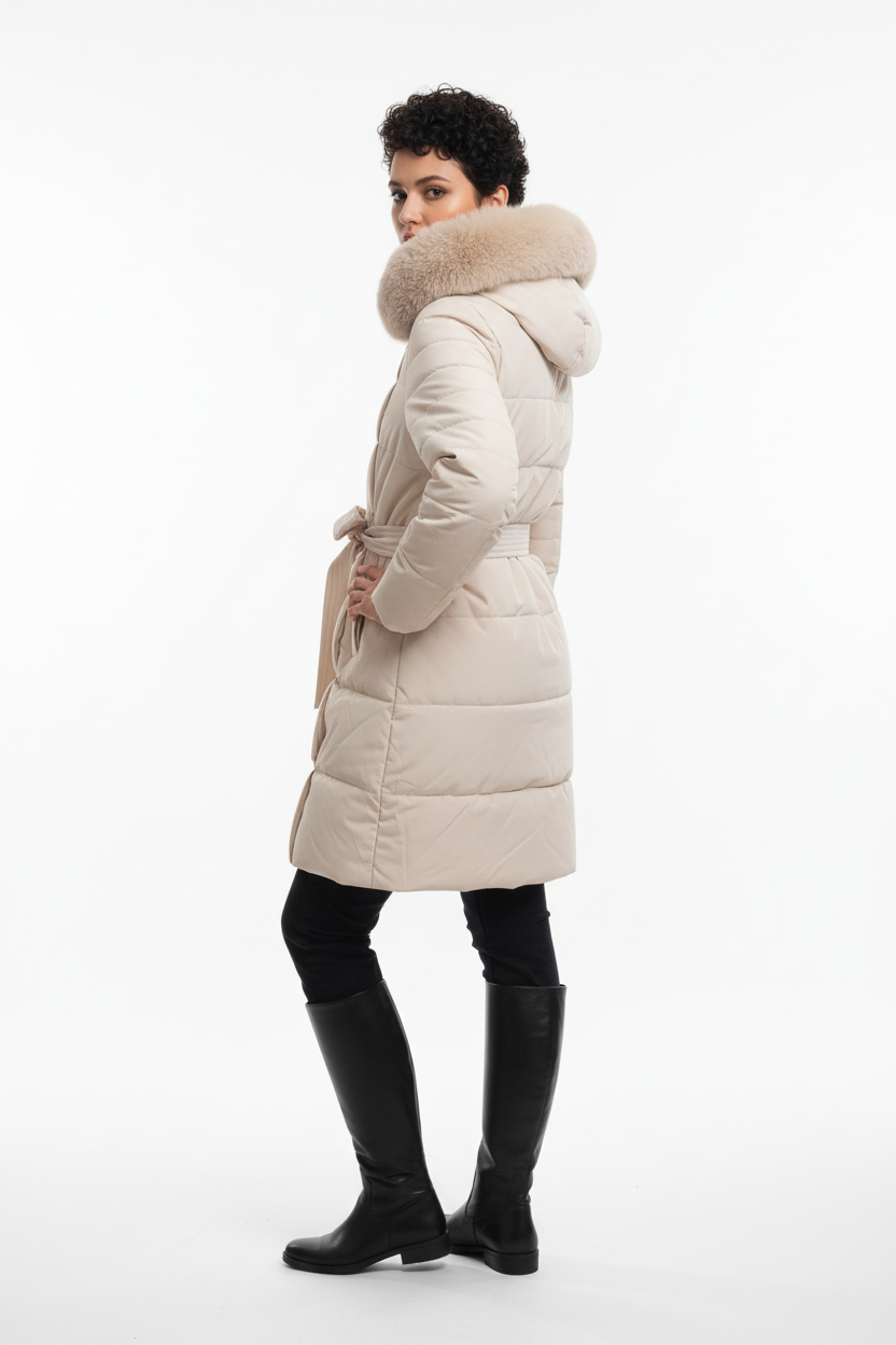 Manteau matelassé - Mélie Rose - Col fourrure & ceinture - Taille 3XL/48 - Made in Italy - Pièce unique