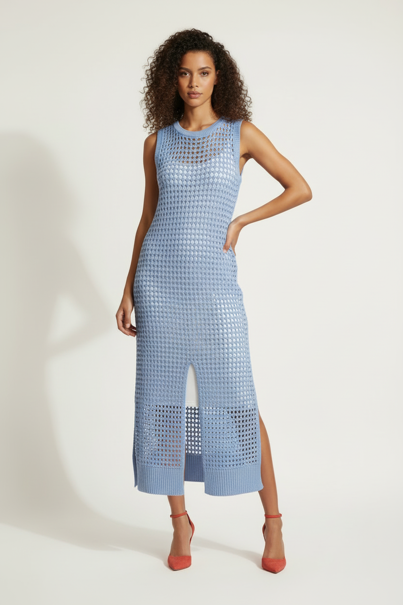 Robe Cover-Up - Crochet Ajouré Bleu Ciel - O&S Moda Europa - Taille 36-38 - Made in Italy - Pièce unique