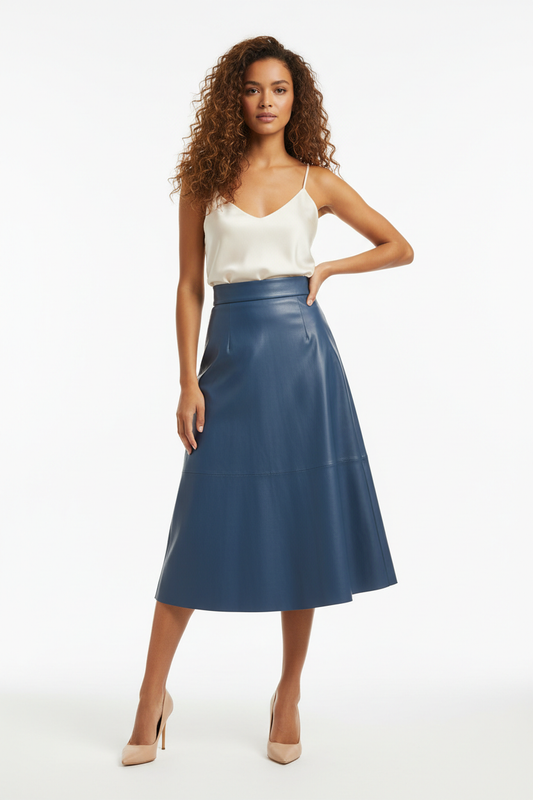 Jupe Similicuir Bleu Acier Évasée - Taille S - Made in Italy - Pièce unique
