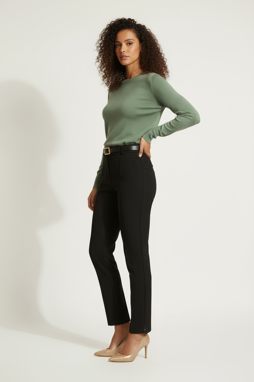 Pantalon Noir Taille Haute - Ceinture - Forget-me-not - Taille S - Made in Italy - Pièce unique