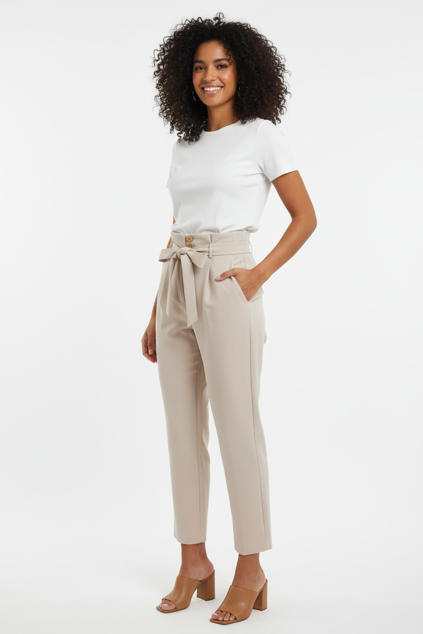 Pantalon Beige - Taille Haute - Paper Bag - NEW COLLECTION - Taille L - Made in Italy - Pièce unique