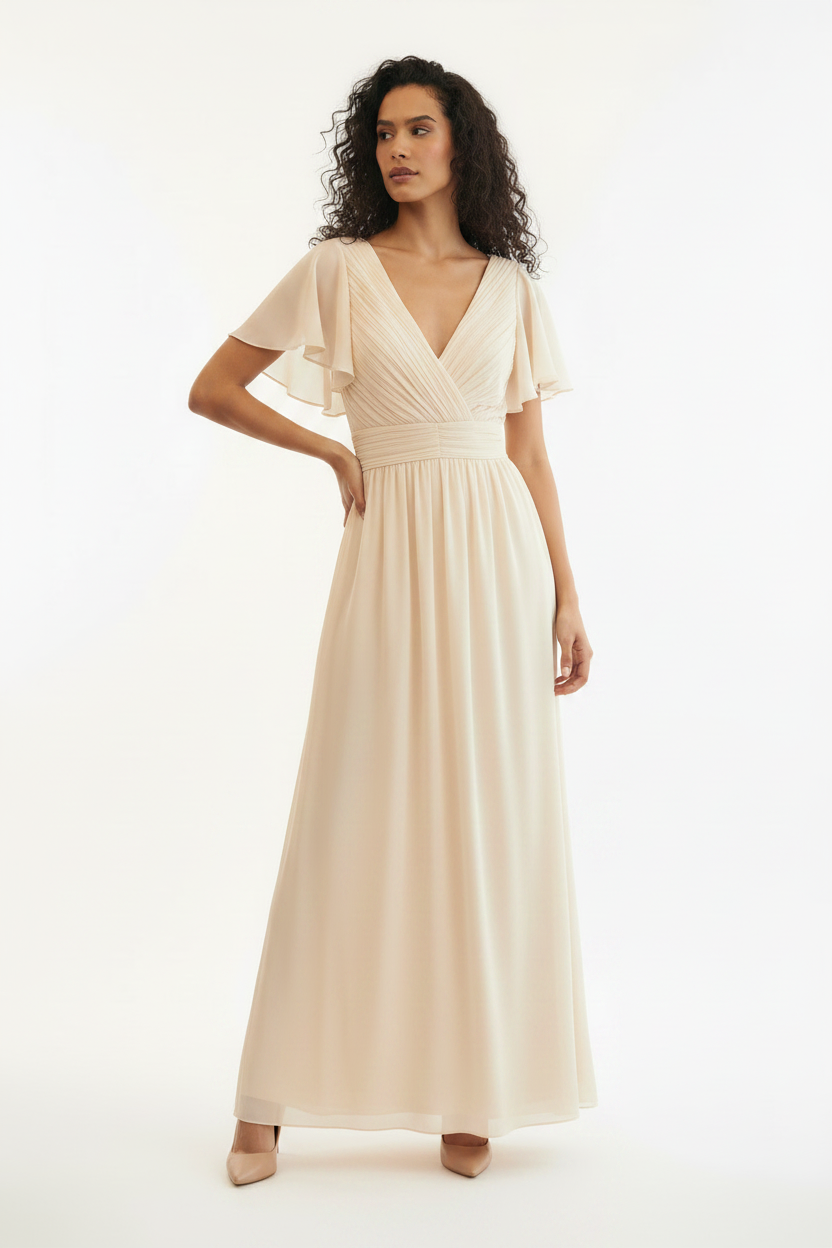 Robe maxi soirée col V plissé volants ivoire Play Pronto Moda - Taille F - 40